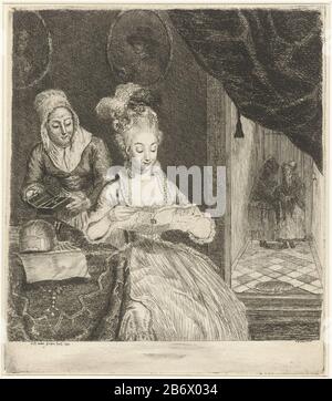 Jonge vrouw leest een bref UNE jeune femme siège à une table et lit une lettre. À côté de sa tenue une femme de chambre une boîte de bijoux ouverte. Sur la table se trouve un mandolin et un livre de partitions de musique. Au mur, accrochez deux portraits dans des cadres ovales. Juste derrière un rideau, souffre un couloir à la porte d'entrée. Deux femmes se tenant dans le couloir pour piaten. Fabricant : Print Maker: Louis Bernard Coclers (propriété cotée) à la peinture: Louis Bernard Coclers (propriété cotée) Lieu de fabrication: Leiden Date: 1780 Caractéristiques physiques: Gravure et matières sèches: Technique du papier: Gravure / mesure du point sec: Plaque e Banque D'Images