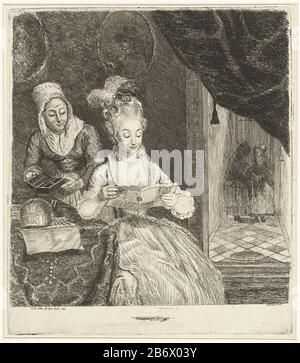Jonge vrouw leest een bref une jeune femme siège à une table et lit une lettre. À côté de sa tenue une femme de chambre une boîte de bijoux ouverte. Sur la table se trouve un mandolin et un livre de partitions de musique. Au mur, accrochez deux portraits dans des cadres ovales. Juste derrière un rideau, souffre un couloir à la porte d'entrée. Deux femmes se tenant dans le couloir pour piaten. Fabricant : Print Maker: Louis Bernard Coclers (propriété cotée) à la peinture: Louis Bernard Coclers (propriété cotée) Lieu de fabrication: Leiden Date: 1780 Caractéristiques physiques: Gravure et matières sèches: Technique du papier: Gravure / mesure du point sec: Plaque e Banque D'Images