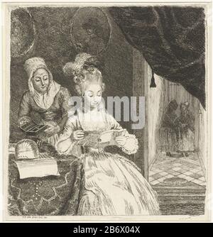 Jonge vrouw leest een bref une jeune femme siège à une table et lit une lettre. À côté de sa tenue une femme de chambre une boîte de bijoux ouverte. Sur la table se trouve un mandolin et un livre de partitions de musique. Au mur, accrochez deux portraits dans des cadres ovales. Juste derrière un rideau, souffre un couloir à la porte d'entrée. Deux femmes se tenant dans le couloir pour piaten. Fabricant : print maker: Louis Bernard Coclers (propriété cotée) à la peinture: Louis Bernard Coclers (propriété cotée) Lieu de fabrication: Leiden Date: 1780 Caractéristiques physiques: Gravure et matières sèches: Technique du papier: Gravure / mesure du point sec: Feuille: Banque D'Images