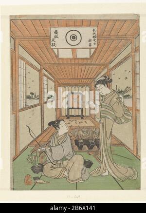 Jongeman en meisje bij schietbaan Jeune homme Assis avec un arc en main, un réservoir rempli de flèches qui lui sont fournies par une fille; en arrière-plan un schietbaan. Fabricant : printmaker Suzuki Harushige (attribué à) Lieu de fabrication: Japon Date: 1768 - 1772 Caractéristiques physiques: Bloc de bois couleur; bloc de ligne en noir avec blocs de couleur matériau: Papier technique: Bloc de bois couleur Dimensions: Feuille: H 258 mm × W 192 mm Banque D'Images