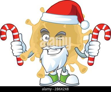 La particule de coronavirus sympathique dans le personnage de Santa Cartoon avec des bonbons Illustration de Vecteur