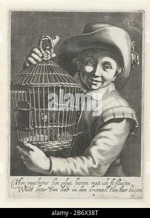 Jongen a rencontré vogelkooi un garçon souriant tenant une cage d'oiseau fixe deux birdies. Avec un verset néerlandais à deux lignes qui fait référence au proverbe, un oiseau dans la main vaut deux dans le lucht. Fabricant : printmaker Cornelis Bloemaert (II) pour le design: Hendrick Bloemaert Lieu de fabrication: Utrecht Dating: CA. 1625 Caractéristiques physiques: Matériel automobile: Technique du papier : engrala (processus d'impression) mesures: Bord de la plaque: H 167 mm × W 118 mm Objet: Oiseau dans un cageboy (enfant entre les tout-petits et les jeunes) Banque D'Images