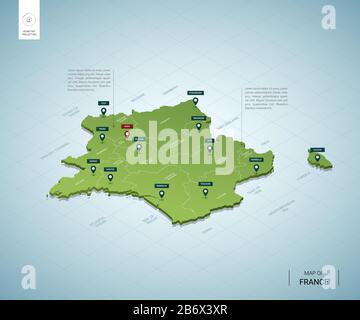 Carte stylisée de la France. Carte verte isométrique tridimensionnelle avec villes, frontières, capitale Paris, régions. Illustration vectorielle. Couches modifiables clairement étiquetées. Fr Illustration de Vecteur