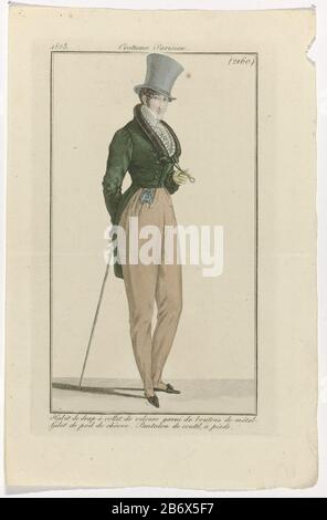 Journal des Dames et des modes mannenmode Journal des Dames et des modes, Costume Parisien, 20 juin 1823, (2160) Habitude de drap () Homme vêtu d'une "habitude" de tissu avec un col en velours et des boutons métalliques. Ci-dessous se trouve un maillot de corps rayé de chèvre et un pantalon long rayé avec des pieds. Col montant et tissu à carreaux de cou. Autres accessoires: Chapeau de tête, pince à cravate, lunettes avec corde, gants, canne, chaussures plates avec orteils carrés. La photo fait partie du magazine de mode Journal des Dames et des modes, publié par Pierre de la Mésangère, Paris, 1797-1839. Fabricant : printmaker: Public anonyme Banque D'Images