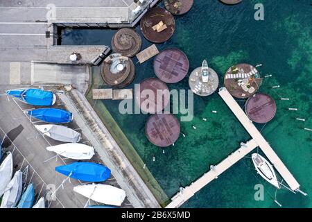 12 mars 2020, Bade-Wuttenberg, Überlingen : plusieurs jardins flottants sont situés dans la marina à l'est. Les jardins flottants font partie du State Garden Show, qui commence le 23 avril au lac de Constance et dure jusqu'au 18 octobre 2020. Photo: Felix Kästle/Dpa Banque D'Images