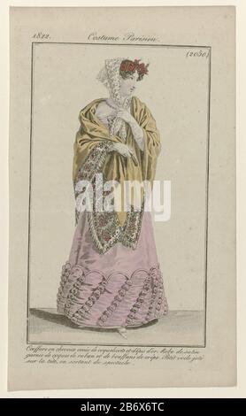 Femme vêtue d'une robe de satin taillée de "rubans" coques et de "bouffans" crêpe. Coiffure décorée avec des coquelicots et des oreilles. Petit voile négligé. Autres accessoires: Collier, gants longs, écharpe bordée de franges, ventilateur, chaussures avec nez pointu. La photo fait partie du magazine de mode Journal des Dames et des modes, publié par Pierre de la Mésangère, Paris, 1797-1839. Fabricant : printmaker: Anonyme Date: 1822 Caractéristiques physiques: Engraa, matière de couleur manuelle: Technique du papier: Engraa (procédé d'impression ) / mesures de couleur des mains: Bord de la plaque: H 177 mm × W 109 mm Sujet: Fashio Banque D'Images