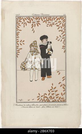 Journal des Dames et des modes, costumes Parisiens, 1913, No 44 Manteau de ratin () Fille dans un manteau de ratiné blanc avec des trimmings de tartan en jaune et blanc. Garçon en costume de marin en noir et blanc. Il tient un pouxterrier noir et blanc fixe. Imprimer le magazine de mode Journal des Dames et des modes (1912-1914) . Fabricant : au dessin: Monogrammiste NPF (bâtiment classé) printmaker: Anonyme Date: 1913 Caractéristiques physiques: Engraa, avec modèles et matériel de couleur: Papier technique: Engraa ( procédé d'impression) / pochœur / mesures de couleur à la main: Bord de la plaque: H 178 mm × W 108 mm Subjec Banque D'Images