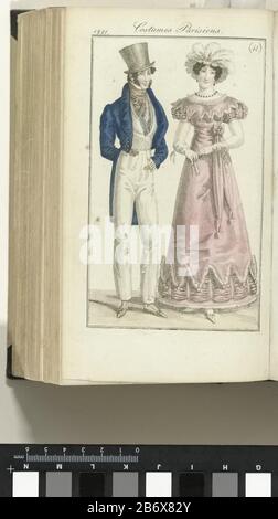 Journal des Dames et des modes, editie Frankfurt 7 octobre 1821, costumes Parisiens (41) de begeleidende tekst in het tijdschrift (p. 408) vermeldt : Fig. 1: Strohoed met rand van satijn en versierd met maraboeveren en aren. Japon van 'gros d'été' a rencontré la garante van Blond (kloskant). Witte handschoenen. Witte schoenen. Fig. 2: Hoge hoed van Wit vilt met smalle rand. Jas met kraag, zonder garnituur. Vest van Griekse piqué. Ondervest de 'éduction' van 'fillet' . Halsdoek Van Emmakleurige Virginie. Pantalon van zijdekatoen. Kousen, geborduurd a rencontré Wit. Écru schoenen. De prent maakt deel uit van het Banque D'Images