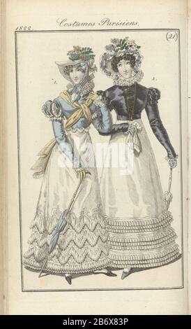 Journal des Dames et des modes, editie Frankfurt 19 Mai 1822, costumes Parisiens (21) Selon le texte d'accompagnement (575 p.): Fig. 1: Chapeau 'paille de riz 'orné d'un ruban de gaze. Spencer et Levantine ', surmonté de Blond (dentelle de bobine). Robe en mousseline avec flonces brodées. Écharpe « regard cachemire ». Gants jaunes et chaussures noires. Fig. 2: Maille de chapeau décorée avec des 'routeauxs' satin, lilas et des primroses. Velours Spencer, orné d'une tresse dorée. Robe de percale (percale) avec 'remplis' et bandes de mousseline. Gants blancs. Chaussures Lila. L'image fait partie du magazine de mode Journal des Banque D'Images