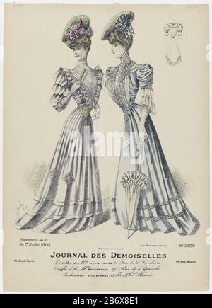 Journal des Demoiselles, 1 juillet 1905, n° 5359 Toilette de Mme Marie Louis Deux femmes (midi) robes, ventilateur et parapluie à la main. Selon la légende, les « toilettes » Marie Louise. Substances de l'entreprise Roullier Frères. Produits de parfumerie Houbigeant. Imprimer le magazine de mode Journal des Demoiselles (1833-1922) . Fabricant : à dessiner: Josey (bâtiment classé) printmaker: Imprimante anonyme Jules Falconer (propriété cotée) Lieu de fabrication: Paris Date: 1905 Caractéristiques physiques: Lithographie, matière de couleur manuelle : technique du papier: Lithographie (technique) / mesures de couleur de la main: Feuille: H 287 M. Banque D'Images
