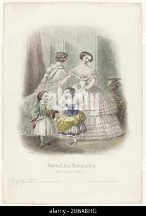 Deux femmes devant un écran, vêtues d'une robe de soirée et d'un peignoir. Au premier plan, deux enfants en costumes. Imprimer le magazine de mode Journal des Demoiselles (1833-1922) . Fabricant : printmaker: Hoppwood (bâtiment classé) printmaker: Préval (propriété listée) conçu par: Monogrammist ACV (bâtiment listé) Daté: 1857 Caractéristiques physiques: Engraa, avec des matériaux de couleur manuelle: Technique papier: Engraa (processus d'impression) / Dimensions de couleur de la main: Feuille: H 287 × W 200 Sujet: Plaques de mode robe, robe: robe de soirée (+ vêtements pour femmes) cape (+ vêtements pour femmes) écran, robe à écran pliant- Banque D'Images