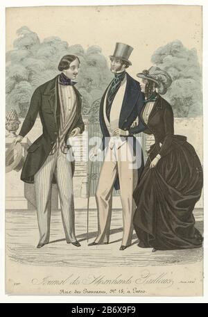 Journal des Marchands Tailleurs, juin 1845, no 97 Un bras dans un couple de bras parle à un homme avec un chapeau de tête et de canne à main. Gauche : veste avec col et revers sur un gilet rayé et un pantalon rayé. Cravat noué. Moyenne : veste avec col et revers sur une veste et un pantalon long. Cravate noire. Accessoires : chapeau de tête, canne, chaussures avec talons et orteils carrés. La femme porte un costume amazonensis (rijkostuum), composé d'une veste avec col ou lapel, au milieu devant une rangée de boutons, peplum. Chemisier avec jagot. Jupe avec train, elle s'arrête à la main. Accessoires : chapeau avec ros Banque D'Images