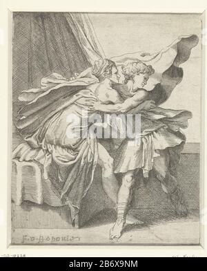 Jozef en de vrouw van Potifar la femme de Potiphar, assise sur son lit. Elle aime Joseph, de son afdraait fermement dans ses armen. Fabricant : printmaker: Printmaker anonyme: Parmigianino (attribution rejetée) Lieu de fabrication: Italie Date: 1520 - 1590 Caractéristiques physiques: Matière de gravure: Technique du papier: Gravure Dimensions: Feuille: H 142 mm × W 116 mm Objet: L'épouse de Potiphar tente de séduire Joseph Banque D'Images