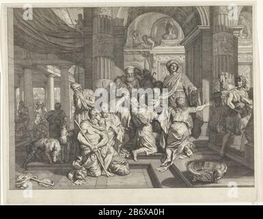 Jozef maakt zich bekend aan zijn broers Joseph se révèle à ses frères dans son palais en Egypte. Les frères de Joseph s'agenouillent et lui demandent pardon. Représentation biblique du général 45 : 1-15. Fabricant : Print maker: Gerard de Lairesse (indiqué sur l'objet) Date: 1668 Caractéristiques physiques: Gravure; matériau d'épreuvage: Technique du papier: Gravure Dimensions: Bord de la plaque: H 416 mm × W 525 mmToelichtZie Généreusement Bible, publié par Claes Jansz. Visscher, pour kopie. Objet: Joseph révèle son identité et en larmes pardonne les costumes de ses frères mal dédrés Banque D'Images