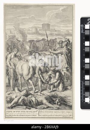Jozua verlalt de paarden en verbrandt de wagons der volken de koningen it het noorden worden verslagen porte Jozua. Hij verbrandt hun strijdwagens en maakt de paarden kreupel porte hun pezen porte te snijden. Illustratie van de Bijbeltekst Joz. 10: 9. Onder de voorstelling de titel in het Hebreeuws, Engels, Duits, Latijn, Frans en Nederlands. Fabricant: Pieter Sluyter (vermeld op object)naar tekening van: Gerard Hoet (i) (vermeld op object)uitgever: Bernard Piart (mogelijk)Amsterdam: Pieter de Hondt (mogelijk)Plaats fabriquent: Prentmaker: Amsterdam-puitguever: Amsterdam-Duuitguitgean Banque D'Images
