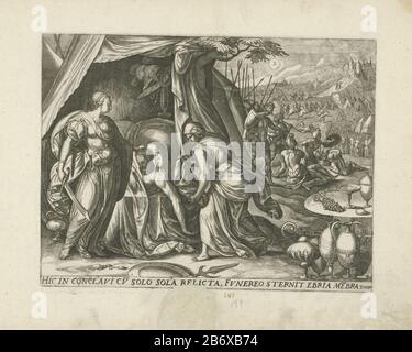 Judit met hoofd van Holofernes Judit est avec le chef de Holofernes et lourd d dans les mains de la tente. Une femme de ménage tenant un sac prêt à se rendre. En arrière-plan le camp avec des soldats de combat. Dans la marge d'une légende en latin. Imprimez une série de quatre scènes de l'histoire de Judith et Holofernes. Fabricant : Éditeur: Gerard de Jodeprentmaker: Anonyme au dessin: Jan Snellink Lieu de fabrication: Anvers Date: 1547 - 1591 Caractéristiques physiques: Matière automobile: Technique du papier: Engraa (processus d'impression) Dimensions: Bord de la plaque: H 199 mm × W 262 mm Objet: Holophernes Décapé par Judith W. Banque D'Images