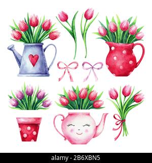 Set of hand painted watercolor tulip bouquets Banque D'Images