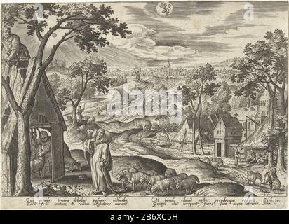 Juli de Goede Herder Het leven van Christus in de twaalf maanden (serietitel) Emblemata Evangelica (serietitel) UN paysage d'été. Dans l'air, le signe astrologique de juillet: Leo. Le Christ central comme Le Bon berger Deal loly avec ses moutons (Jn. 10). L'imprimé a une légende latine et fait partie d'une série sur la vie du Christ représentée dans les douze mois de l'jaar. Fabricant : printmaker: Adriaen Collaert (propriété cotée) conçu par Hans bol (bâtiment classé) éditeur: Sadeler (propriété cotée) Lieu de fabrication: Anvers Date: 1585 Caractéristiques physiques: Matériel automobile: Technique papier: Entr Banque D'Images