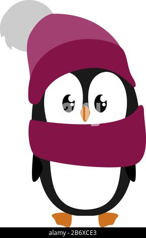 Pingouin avec écharpe violette, illustration, vecteur sur fond blanc. Illustration de Vecteur
