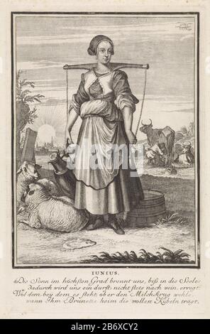 Juni Iunius (objet titel op) de twaalf maanden (servietitel) Le mois de juin. Au premier plan, une milkmaid à côté de deux moutons. Elle porte un joug avec un pichet de lait. À l'arrière-plan, un agriculteur traite une vache. Le tirage a une équipe allemande de quatre lignes sur le mois juni. Fabricant : printmaker: Caspar Luyken à concevoir: Caspar Luyken Writer: Anonyme Editor: Christoph WeigelPlaats fabriquent: Nuremberg (possible) Date: 1698 - 1702 Caractéristiques physiques: Gravure et engraissement matériel: Papier technique: Gravure / engraga (impression) mesures: Bord de la plaque: H 309 mm × W 200 mm Sujet: Cancer (zodia Banque D'Images