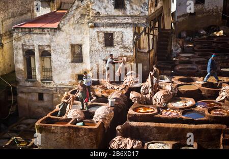 Les travailleurs colorent les cuirs en cuves dans le quartier des Tanners de Fes, au Maroc Banque D'Images