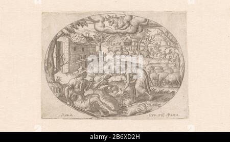 Juni Juing (objet titel op) Twaalf maanden (servietitel) Twee herders en een herderin. De herderin knipt de wol van een schaap. Bovenaan het strerenbeeld Kreeft. Fabricant : Plentmaker: Etienne Delaune (vermeld op object)verlener van Privilege: Franse kroon (vermeld op object)Plaats fabrication: Frankrijk Dating: 1568 matériel: Papier Techniek: Graveren (drukprocedé) / stippelwerk Dimensions: Blad: H 57 mm (binnen plaatrand afgesneden) × b 78 mm (binnen plaatrand afgesneden)ToelichtingMaakt deel uit van een twaalfdelige series van de twaalf maanden met tekens Storm van de dierenriem, in ovvale Banque D'Images