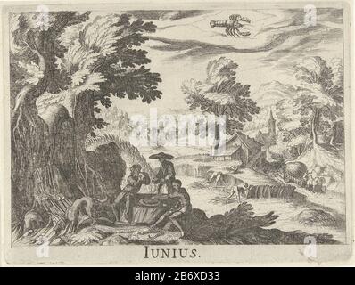 Juni Junius (objet titel op) Twaalf maanden (servietitel) le mois de juin est représenté par un paysage vallonné avec des figures sous un arbre. En arrière-plan est le ciel la constellation Cancer weergeguy. Fabricant : printmaker Simon Frisiusnaar design: Antonio Tempesta Editeur: Hendrick Hondius (I) Lieu de fabrication: Printmaker: Northern Netherlands to design: Italie Editeur: La Haye Date: 1611 Caractéristiques physiques: Gravure: Technique du papier: Dimensions de gravure: Arête: H 140 mm × W 184 mm Objet: Paysage symbolisant juin (+ personnifications ou avec des signes des planètes) Banque D'Images