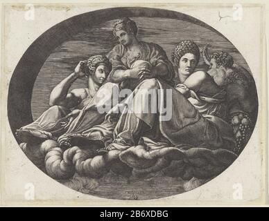 Juno en andere godinnen Ovale plafondschilderingen in de Galerie d'Ulysse te Fontainebleau (servietitel) la déesse Juno, deux autres déesses et putti sur le loup. Fabricant : printmaker Giorgio Ghisi (propriété cotée) à la peinture de Francesco Primaticcio (indiquée sur l'objet) Lieu de fabrication: Print maker: Italie à la peinture de: Fontainebleau Date: 1541 - 1582 Caractéristiques physiques: Engraa matériau: Papier: Technique: Engraa (procédé d'impression) mesures: Bord de la plaque: H 187 mm × W 243 mmToelichtingPrent d'une série de quatre reproductions à des peintures au plafond dans la Galerie d'Ulysse à Fontaineble Banque D'Images