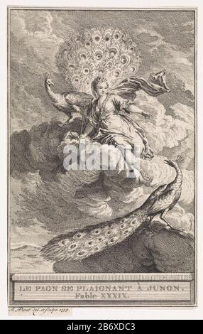 Juno est dans les nuages, accompagné de deux paons. Illustration du XXXIX fable le Paon se plie à Junon. Fabricant : printmaker Jan point (propriété listée) au dessin: Jan point (propriété listée) Lieu de fabrication: Amsterdam Date: 1759 Caractéristiques physiques: Gravure et gravure: Technique du papier: Gravure / engraa (impression) Dimensions: Feuille: H 134 mm × W 84 mmToelichtingPrent utilisé comme illustration dans une ou plusieurs éditions de la Fontaine, Jean de. Fables chorisies, partie I, p. 70. Leiden : Elie Luzac, 1764-1786. Et dans l'édition d'Amsterdam: J. van Gulik, 1802. Objet : SPECI Banque D'Images