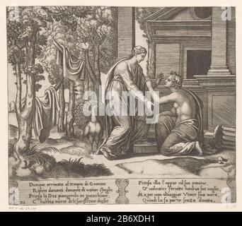 Juno weigert hulp aan Psyche Verhaal van Amor en Psyche (servietitel) À genoux Droit Psyche demande de l'aide à la déesse Juno. Juno est laissé avec à côté de son paon. Texte italien en deux touches dans la marge inférieure. Deux fois numérotés en bas à gauche : 20. Fabricant : printmaker Maître de la Dice à concevoir: Michiel Coxie (I) Lieu de fabrication: Italie Date: CA. 1530 - env. 1560 Caractéristiques physiques: Matériau du ton de la plaque d'engrai: Technique du papier: Engrala (processus d'impression) / dimensions du ton de la plaque: Feuille: H 199 mm (bord intérieur de la plaque coupé) × W 229 mm (bord intérieur de la plaque découpé) Commentaires Imprimer une série de scènes des s Banque D'Images