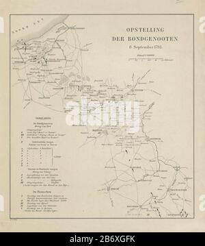 Kaart met de posities van de bondgenoten en Fransen, 1793 Opstelling der Bondgenooooten 8 septembre 1793 (objet titel op) carte des Pays-Bas autrichiens Où: Être donné la position des forces de coalition et de l'armée révolutionnaire française, 8 septembre 1793. Fabricant : printmaker F. Bass (montré sur l'objet) Lieu de fabrication: Pays-Bas Date: 1793 - 1850 Caractéristiques physiques: Gravure et engrama matière: Technique du papier: Gravure / engrama (procédé d'impression) mesures: Feuille: H 345 mm × W 307 mmToelichtingNiet à Frederik Muller; ajouté par le numéro RPK. Objet: Cartes ou separat Banque D'Images