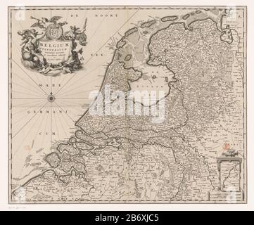 Kaart van de Republiek der Zeven Verenigde Nederlanden Belgique Foederatum (objet titel op) Haut gauche cartouche avec titre, et les bras de la République, autour de lui sont représentés plusieurs figures: Urania, Fama, Mercure, Neptune et un nombre putti. Droit une carte d'engagement d'une partie de l'actuel Limbourg (partie qui appartenait ensuite à Staats-Brabant). En dessous de la barre d'échelle: Milli Aria Germanica COMMUNIA; Milli Aria Gallica COMMUNIA. Répartition du degré le long de la randen. Fabricant : printmaker: Nicolaes Visscher (I) (bâtiment classé) éditeur: Nicolaes Visscher (I) Lieu de fabrication: Amsterdam Date: App Banque D'Images