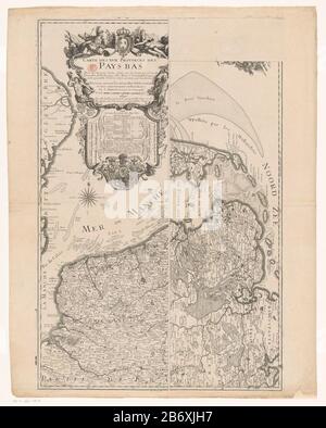 Deux parties d'une carte en trois parties des provinces de Seventeen. La gauche couvre la côte de la mer du Nord de l'Angleterre et de la Flandre Occidentale, avec le haut du titre cartouche. En haut de la cartouche des Pays-Bas sous le bras, le bras du royaume de France et de ses provinces, un tableau des noms de comté et le nombre de villes et de villages par province et quatre pôles verticaux : 6 lieues d'Allemagne 15 au gris / 9 lieues communes des Pays Bas, et deux autres. La photo de droite couvre les provinces de Groningue, Friesland, Drenthe, la partie nord de la Hollande et une partie de East Friesl Banque D'Images