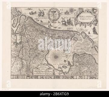 Kaart van het graafschap Holland Hollandia Comitatus (objet op) bas gauche de l'échelle moyenne des deux pôles: Miliaria Germanica COMMUNIA / Ghemeijne Duytsche miles; Hore itineris / Hours Gaens. Haut centre une couronne de laurier avec les bras du comté de Hollande. Le haut à droite, le titre cartouche qui est entouré d'une ligne de poisson est laissé tenir par Neptune et à droite par un manfiguur avec une coquille dans son autre main. Le long des bras inférieurs de 32 villes néerlandaises. Orientation : Nord droit. Sur le Verso Latin tekst. Fabricant : printmaker: Josua van den Enden (bâtiment classé) éditeur: Wi Banque D'Images