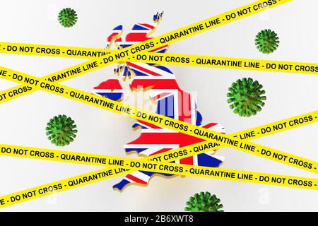 Cellules virales, infection épidémique du virus de la grippe pandémique, coronavirus, concept de grippe asiatique, dans le contexte d'un rendu tridimensionnel du drapeau britannique Banque D'Images