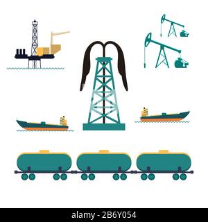 Différentes constructions de transport et usines de l'industrie de l'essence de pétrole icônes plates ont établi des illustrations vectorielles isolées Illustration de Vecteur