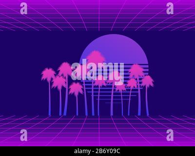 Paysage de réalité virtuelle avec palmiers. Le crépuscule rétro dans le style des années 80. Illustration vectorielle Illustration de Vecteur
