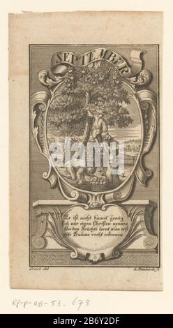 Kalenderblad septembre Calendrier Journal septembre Type d'objet: Photo Numéro d'article: RP-P-OB-53.673 Inscriptions / marques: Marque du collectionneur, verso, estampillé: Lugt 2228 Fabricant: Printmaker Andreas Reinhard (I) (bâtiment inscrit) printmaker Andreas Reinhard ( II) (objet) à dessiner: Grand (indiqué sur l'objet) Date: 1686 - Caractéristiques physiques: Matériau de gravure: Technique du papier: Dimensions de gravure: Feuille: H 196 mm (découpe dans le bord de la plaque) × W 106 mm (dans le bord de la plaque) Sujet les douze mois représentés par des scènes montrant des métiers humains. Usuall Banque D'Images