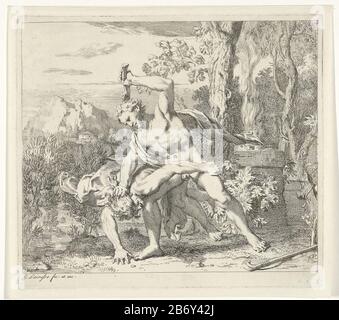 Caïn se tient avec des os élevés sur le point de battre Abel. Il Abel, par ses cheveux, l'a attrapé et l'a poussé au sol. L'imprimé fait partie d'une série en sept parties représentant des scènes de la Genèse de la Bible. Fabricant : printmaker: Gerard de Lairesse (bâtiment classé) Editeur: Gerard de Lairesse (bâtiment classé) Date: 1665 Caractéristiques physiques: Matériau de gravure: Technique du papier: Gravure Dimensions: Bord de la plaque: H 222 mm × W 250 mm Objet: Le meurtre d'Abel: Caïn le latte avec une pierre, un club ou un os à mâchoire, alternativement avec une bêche ou une autre arme d'axe d'outil Banque D'Images