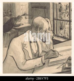 Kantoorbediende Demi figure, homme chauve avec verres ronds, écriture dans un livre, coude gauche sur la table, main sur la tête. Dans l'arrière-plan gauche, un homme s'est plié sur son bureau pour une fenêtre, le haut lui a laissé deux hommes assis. Fenêtre droite avec vague donnant sur une rue animée. Fabricant : artiste: Herman Heijenbrock (possible) Lieu de fabrication: Pays-Bas Date: 1875 - 1925 Caractéristiques physiques: Brosse en gris, craie noire sur carton: Craie de carton technique: Dimensions du pinceau: H 289 mm × b 278 mm Objet: Bureau ( administration) Quand: 1875 - 1925 Banque D'Images