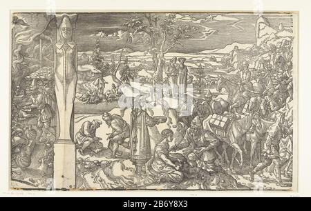 Karavaan van reizigers Zeden en Gewoonten der Turken (servietitel) A Imprimé deux blocs deux lames attachées l'une à l'autre. Deuxième et troisième bloc de quatorze qui forment une frise de sept images avec les manières et les coutumes des Turcs. Relie des soldats à un feu de camp, une caravane droite de voyageurs sur des mules et des femmes. Deux scènes séparées par un kariatide. Fabricant : printmaker Pieter Coecke van Aelst (I) Editeur: Marie Besse Mers fournisseur de privilèges: Charles V de Habsbourg (empereur allemand et roi d'Espagne) Lieu de fabrication: Pays-Bas Date: 1553 Caractéristiques physiques: Matière de coupe de bois: Papier Technec Banque D'Images