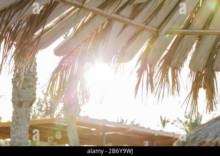 Coucher du soleil d'été des parasols sur la plage de sable. Tons vintage. Banque D'Images