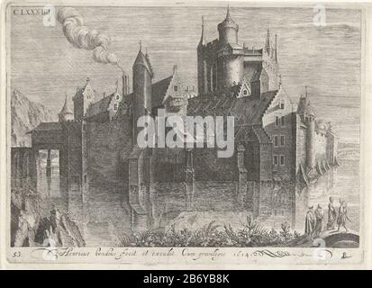 Kasteel aan rivier un château entouré d'eau . Fumée gauche provenant d'un schoortseen. Quatre figures avant droite sur un pont. En haut à gauche : CLXXXIIII. Marge inférieure droite un boraxbus comme signature Hondius. Fabricant : printmaker: Hendrick Hondius (I) printmaker Simon Frison (Rejetée) Editeur: Hendrick Hondius (I) (bâtiment classé) fournisseur de privilèges inconnu (bâtiment classé) Dating : 1614 Caractéristiques physiques: Engrala matière: Papier: Technique: Engraa (processus d'impression) mesures: Bord: H 173 mm × W 239 mmla partie inférieure de l'image est dérivée d'un tirage au sort Banque D'Images