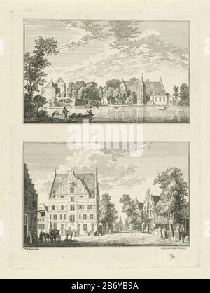 Kasteel en raadhuis te Goch Dorps- en stadsgezichten te Kleef (serietitel) Deux images d'une plaque. Vue sur le château près de la ville allemande de Goch (ci-dessus) et l'hôtel de ville dans le centre de Goch (ci-dessous). L'imprimé fait partie d'une série de 100 parties avec vue sur les villages et les villes Kleef. Fabricant : printmaker Paulus de Liender (propriété listée) au dessin: Jan de Beicher (bâtiment listé) Daté: 1758 Caractéristiques physiques: Gravure; matériau d'épreuvage: Technique du papier: Dimensions de gravure: Bord de la plaque: H 205 mm × W 150 mmToelicktingPrent également énuméré dans: Beijing, Jan de. Le verheerlykt Kleefschland ou C Banque D'Images