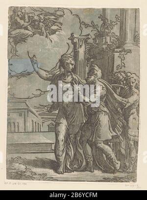 Keizer Augustus en de Tiburtijnse Sibille le Tiburtine Sibyl montre à l'empereur Auguste l'apparence d'un ange à Marie et à l'enfant du Christ dans le ciel. Deux hommes passants se retient. Fabricant : printmaker Antonio da Trentonaar conception: ParmigianinoPlaats fabrication: Italie Date: 1528 - 1530 Caractéristiques physiques: Chiaroscuro coupe bois en noir et bleu; impression d'un bloc de lignes de bois et d'un bloc de tons de bois: Technique papier: Chiaroscuro-dimensions: Feuille: H 346 mm × W 262 mml'impression de Toelichtingde est sur le côté gauche endommagée et complétée par le stylo en noir et en noir grijs. Objet: Le Tiburti Banque D'Images