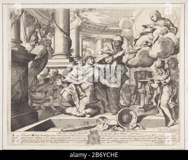 Keizer Augustus en de Tiburtijnse Sibille l'empereur Auguste Tiburtine Sibyl montre l'apparition de Marie et du Christ enfant dans le ciel. Les liens sont des soldats et des bedienden de gauche. Fabricant : printmaker Giacomo Barri (propriété listée) au dessin: Giovanni Colli au dessin: Filippo GherardiPlaats fabrication: Italie Date: 1667 Caractéristiques physiques: Matière de gravure: Technique du papier: Dimensions de gravure: Bord de la plaque: H 299 mm × W 381 mToeliechtOp a coincé un cadre en papier inkt brun. Sujet: Le sibyle Tiburtine et août: Le sibyle révèle à l'empereur une vision de la Madonna dans le ciel ri Banque D'Images