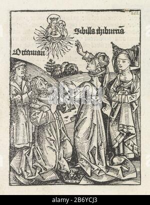 Keizer Augustus en de Tiburtijnse sibylle Liber Chronicarum (serietitel) le sibyle Tiburtine prédit à l'empereur Auguste (Octavian) l'arrivée du Christ. L'empereur romain Auguste voit la Vierge et l'enfant dans une vision. Par respect, il s'agenouille sur le sol et met sa couronne de côté. L'impression fait partie d'un album. Fabricant : printmaker Michel Wolgemut (studio) printmaker: Wilhelm Pleydenwurff (atelier) Lieu de fabrication: Nuremberg Date: 1493 Caractéristiques physiques: Bois collé sur la feuille d'album; verso avec du matériel d'impression de texte: Papier technique: Typographie / gravure / pâte dimensions: Prin Banque D'Images