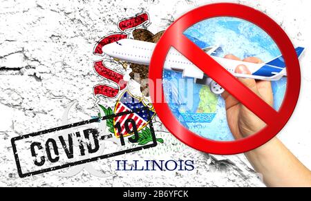 La nouvelle maladie du coronavirus appelée COVID - 19, avec le drapeau de l'État de l'Illinois montré contre un mur fissuré, contient le concept d'interdiction de voyage aérien Banque D'Images