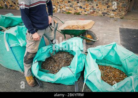 Grands sacs ouverts de cailloux de gravier pour un projet de conception de jardin livré sur le côté de bordure. Un homme dans les chiffons de jardinage les tient près de la pelle A. Banque D'Images