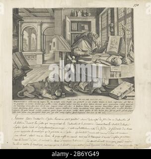 Kerkvader Hieronymus de vier kerkvaders (servietitel) Thesaurus sacrarum historiarum vetyvis testamenti () (servietitel) Saint Jerome est au travail dans son étude. Il semble battu une Bible ouverte et écrire un livre. Sur la table se trouvent un crucifix et un crâne. Sur le sol, le lion. Parmi les exposés un texte explicatif à Latijn. Fabricant : printmaker Antonie Wierix (II) (bâtiment classé), conçu par: Marten de vos (bâtiment classé) Editeur: Gerard de Jode (propriété cotée) Lieu de fabrication: Anvers Dating : 1585 Caractéristiques physiques: Matériel automobile: Papier technique: Engrara (impression) Dimensions: Banque D'Images